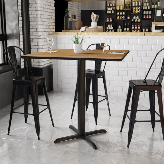 BizChair 42'' Square Walnut Laminate Table Top with 33'' x 33'' Bar Height Table Base