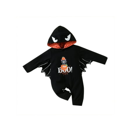 

aturustex Halloween Dress up Baby Girls Boys Romper Black Batwing Long Sleeve Round Neck/ Hooded Printing Jumpsuit