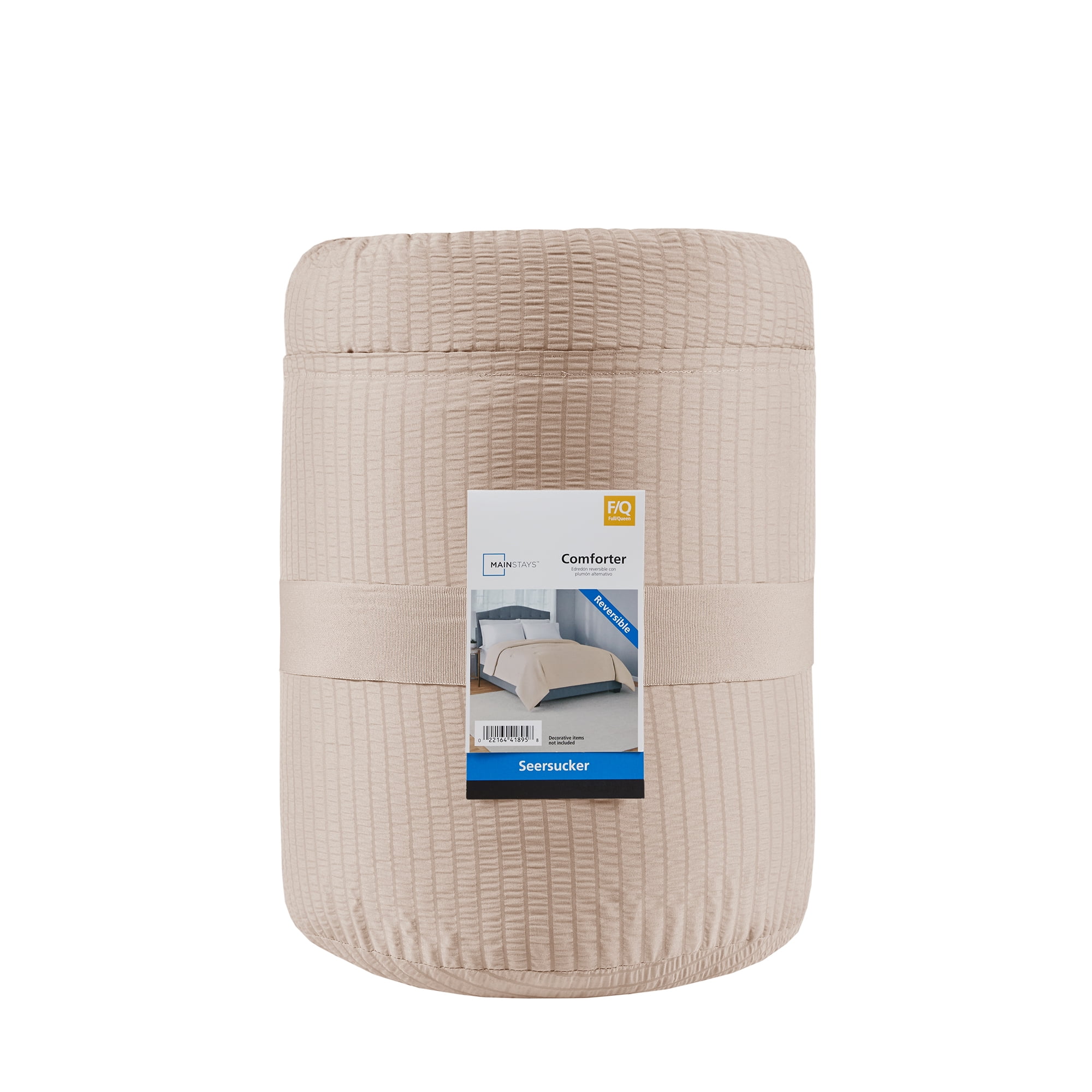 Mainstays Full/Queen Comforter, Reversible Down Alternative, All-Season, Beige Seersucker