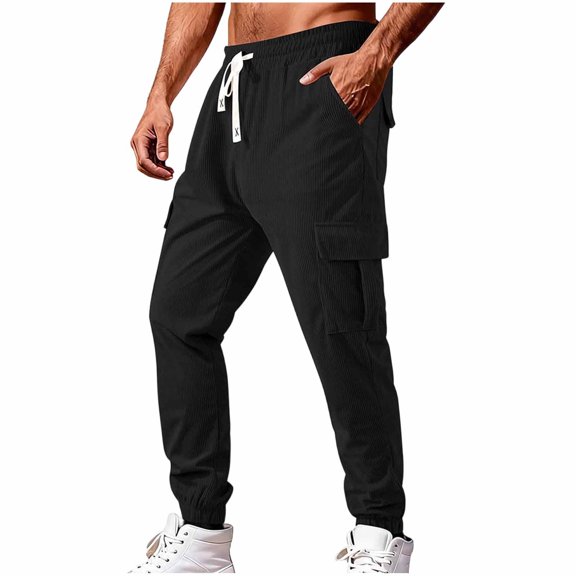 Rrxhxhs Cargo Pants for Men Solid Color Corduroy Drawstring Elastic Waist Loose Casual Joggers with Multi Pockets,L