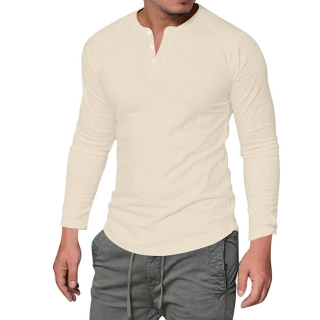 Men Long Sleeves Neck Solid Button Pullover Casual Men T Shirt Men Blouse