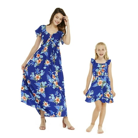 

Mother & Daughter Matching Hawaii Luau Maxi Ruffle Sleeve Dress Girl Wrap in Hibiscus