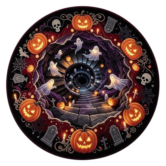 Halloween 3D Illusion Round Area Rug Ghost Pumpkin Spooky Vortex Non-Slip Floor Mat for Living Room Bedroom Festive Party Home Decoration Haunted Theme