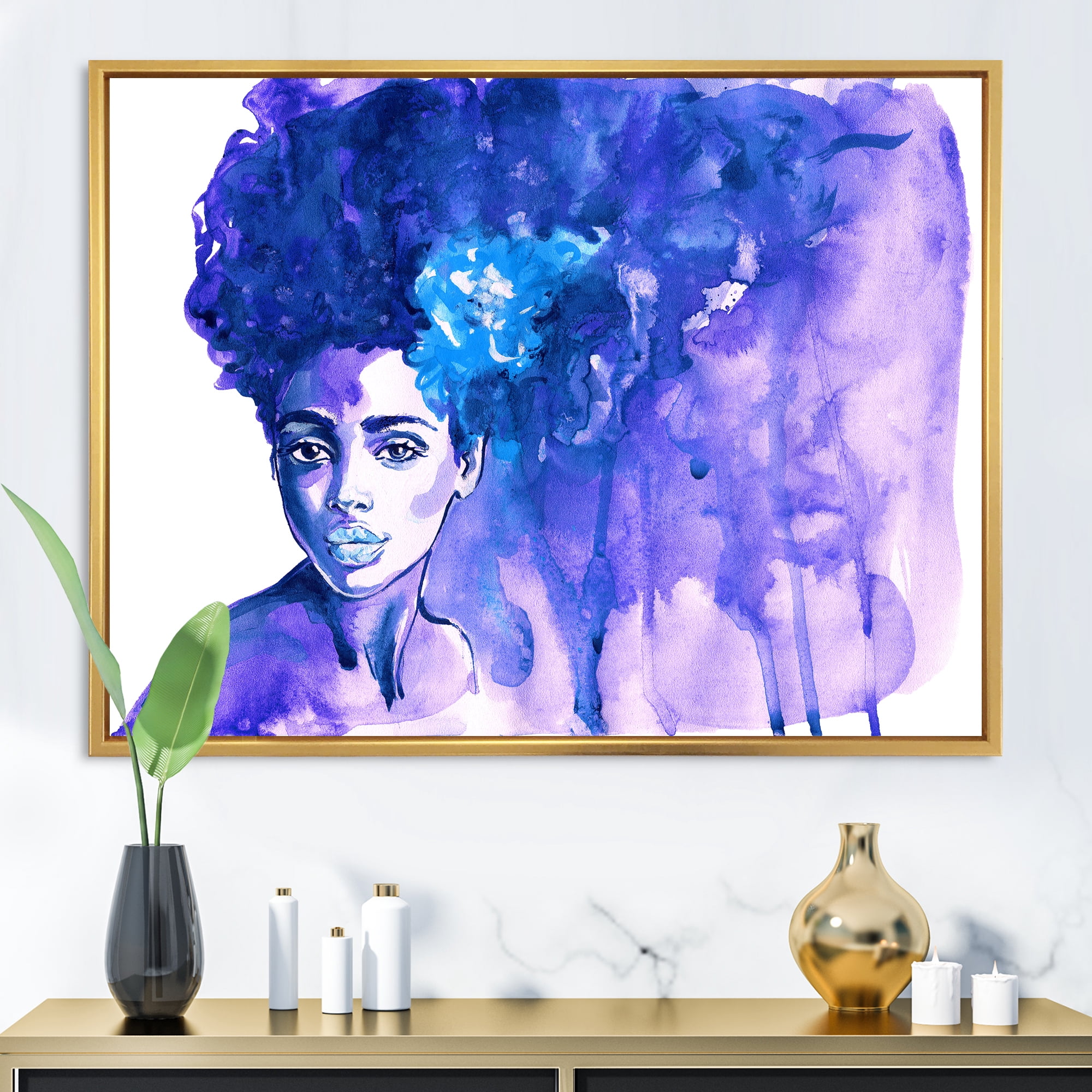 Designart 'Glorious Blue Portrait of Afro American Woman' Modern Framed Canvas Wall Art Print