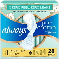 Always Pure Cotton Feminine Pads, Size 1, Regular, Wings, Unscented, 28 Count