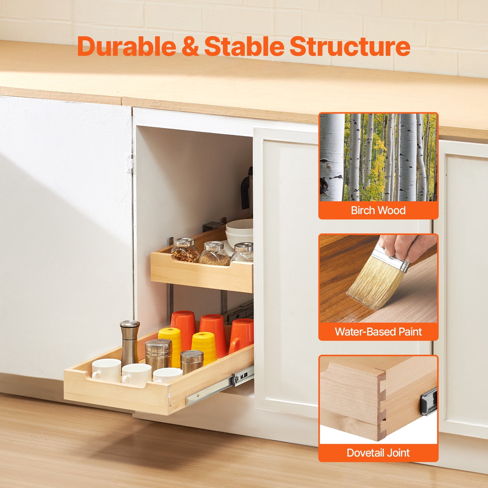 KFFKFF 2-Tier Pull-Out Cabinet Organizer, 14"W x 21"D Sliding Drawer, Soft-Close Shelf, Durable Wooden Design, Adjustable Base for Kitchen, Pantry, or Bathroom Storage
