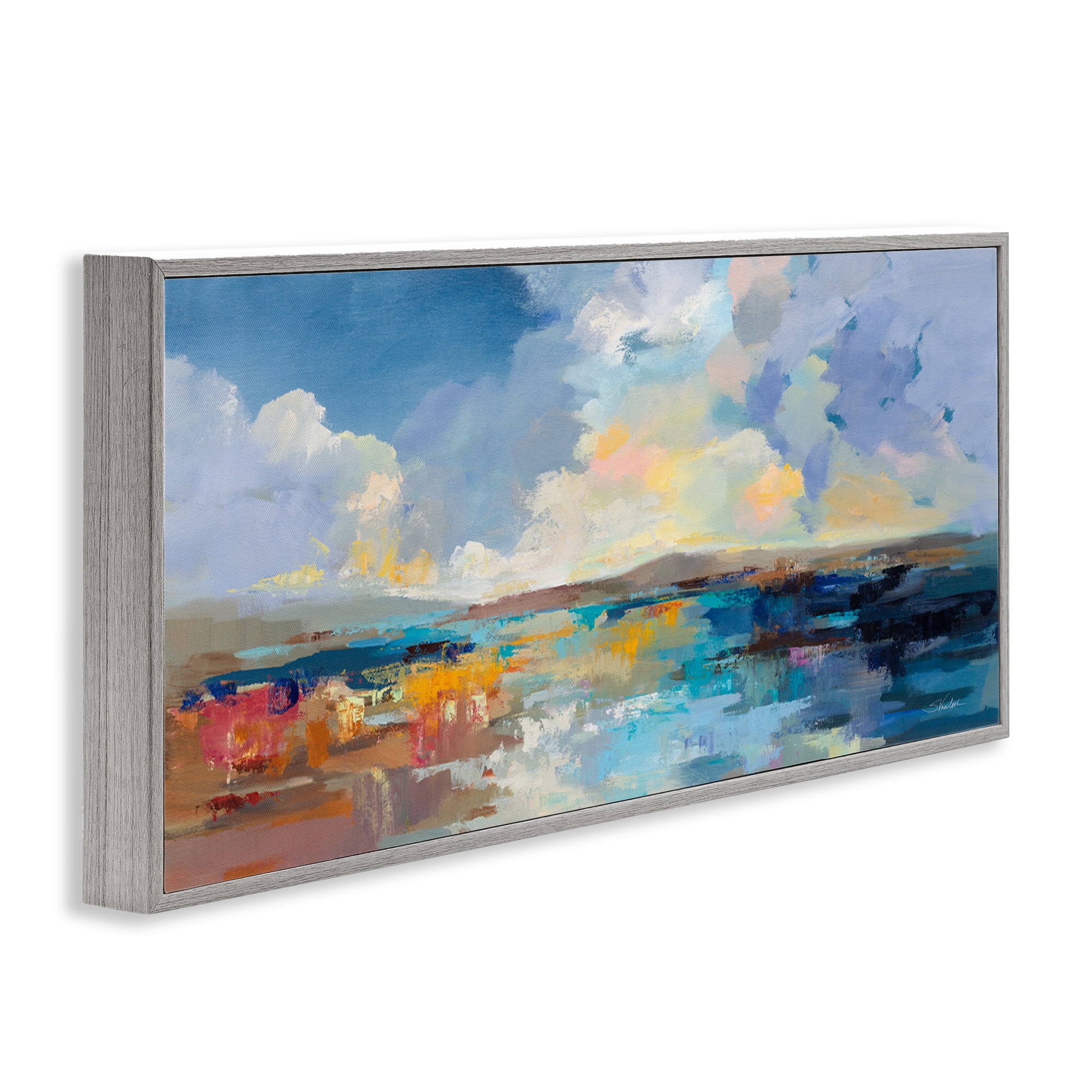 Stupell Industries Seaside Sunset Abstract Landscape Painting Gray Framed Art Print Wall Art, 24 x 10