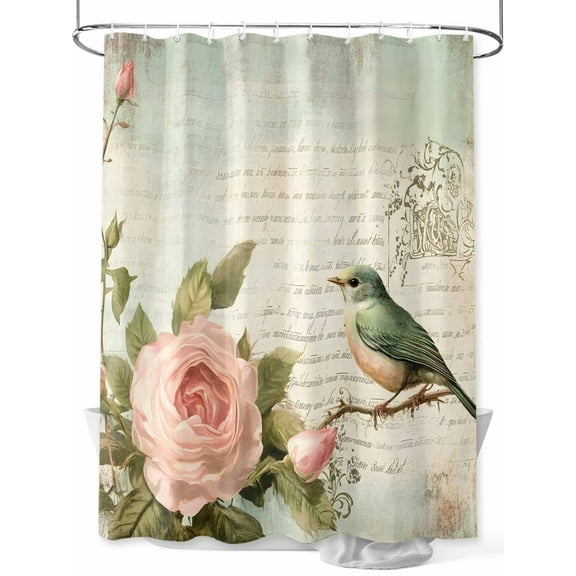 Fsddascl Pink Floral Shower Curtain Set - Long 72" x 84" Bathtub Curtain with 12 Hooks, Bird Branch Vintage Mottled Middle Century Waterproof Fabric Stall Shower Curtains for Bathroom/Bathtub