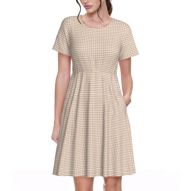 Vsdgher Vichy Brun pour Femmes Été 2025 Décontracté Robes Midi Maxi Légères Manches Courtes Col Rond Robe de Plage