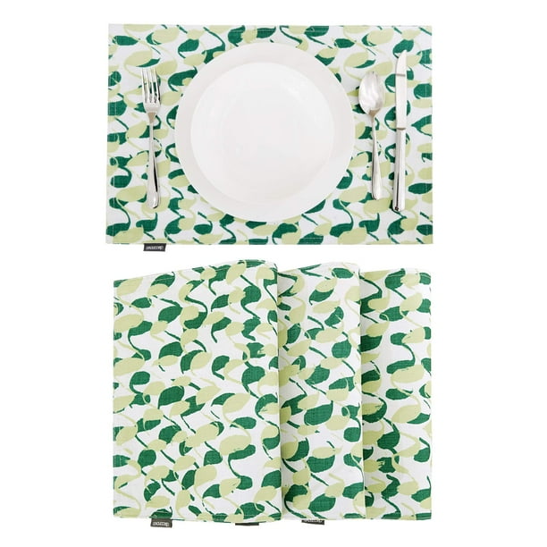Deconovo Manteles individuales de doble cara con estampado de lino sintético, blancos, 30,5 cm de ancho x 45,7 cm de largo, resistentes al agua, con patrón de bucle para cocina, juego de 4