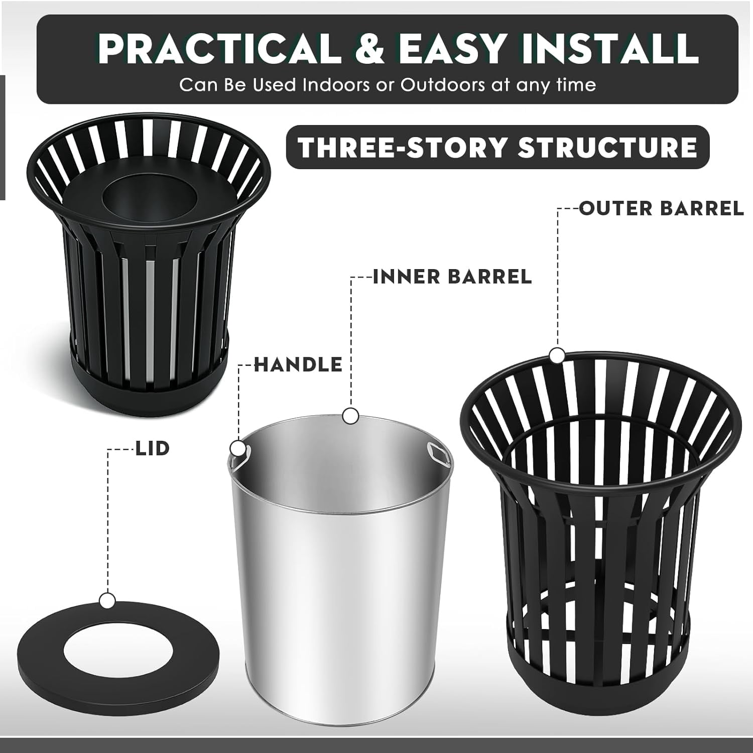 Gaonala Outdoor Metal Slatted Trash Can 30 - 52 Gallon Commercial Grade with Removable Inner Bin Waste Receptacle in Park School Beach Patio(Black)