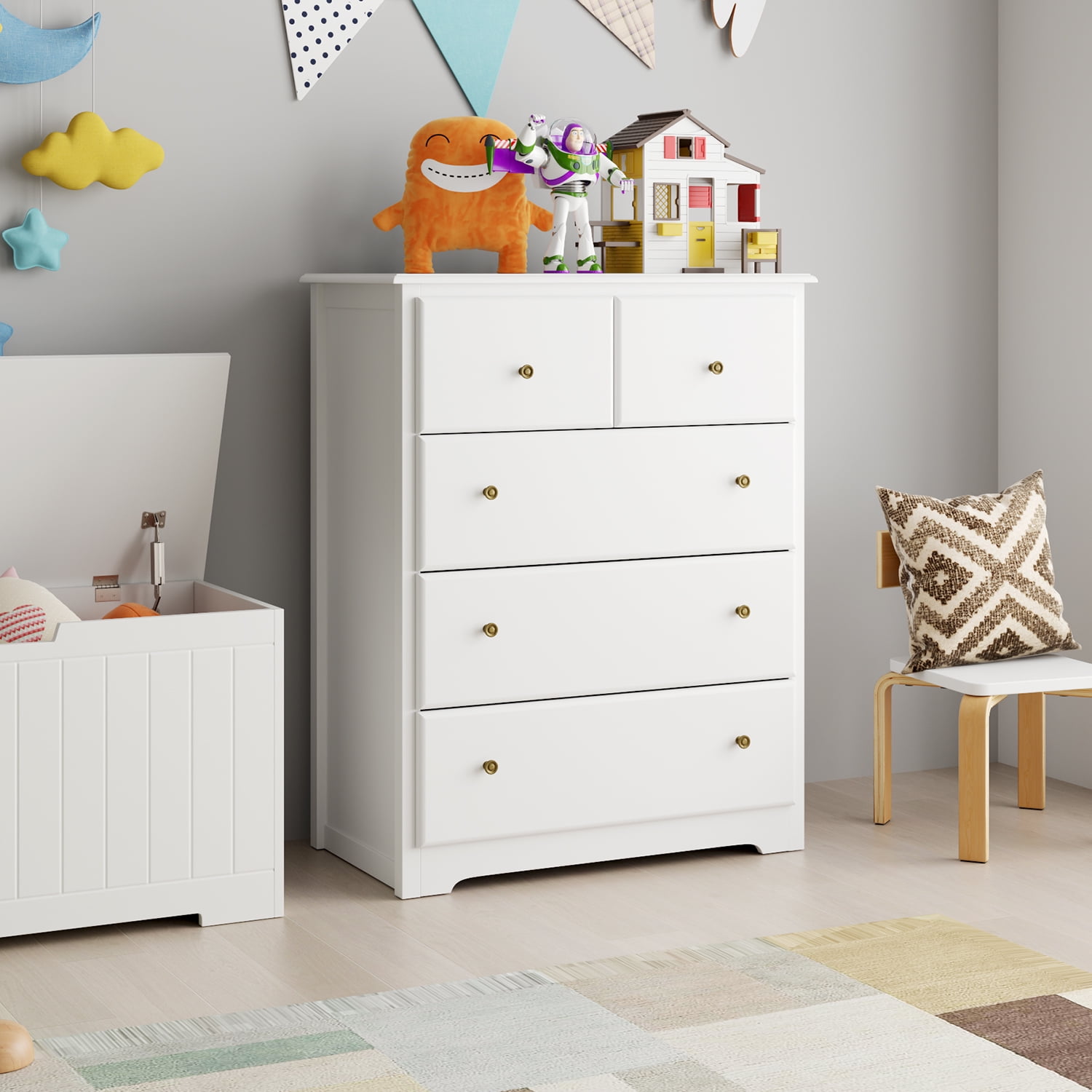 Modern Dresser of 5 Drawers, Dresser Chest with Easy Pull Handle for Bedroom, Living Room, White Finish