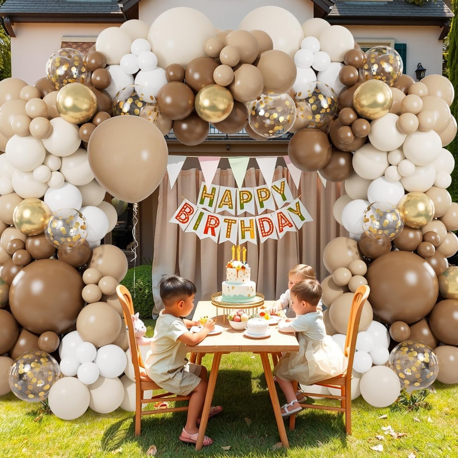 NestE - Brown Balloon Garland Arch Kit 141PCS Brown Boho Neutral White Gold Latex Metallic Confetti Balloons for Safari Neutral Bear Baby Shower Birthday Party Decorations