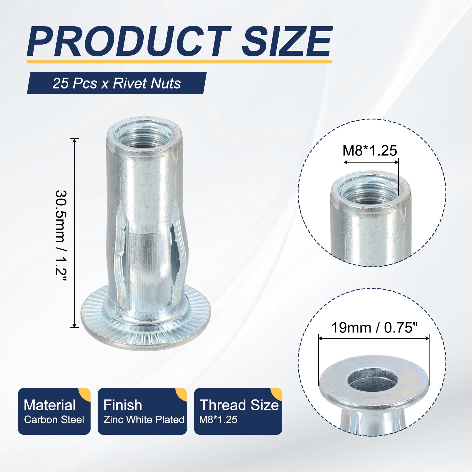 Uxcell M8 Multi-Grip Rivet Nuts Pre-Bulbed Shank Flat Head Threaded Insert Nuts Carbon Steel Zinc White Plated, 25 Pcs