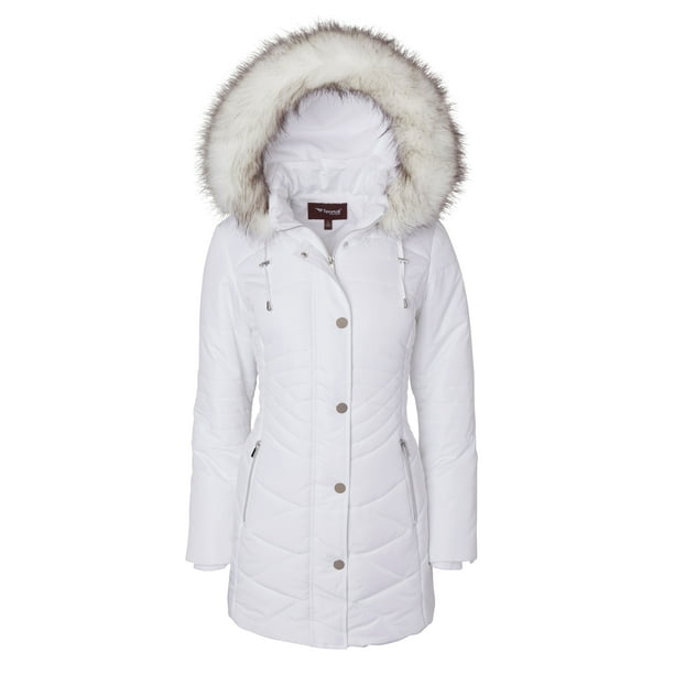 Women Longer Length Plush Lined Quilted, Womens White Winter Coat With Fur Hood
