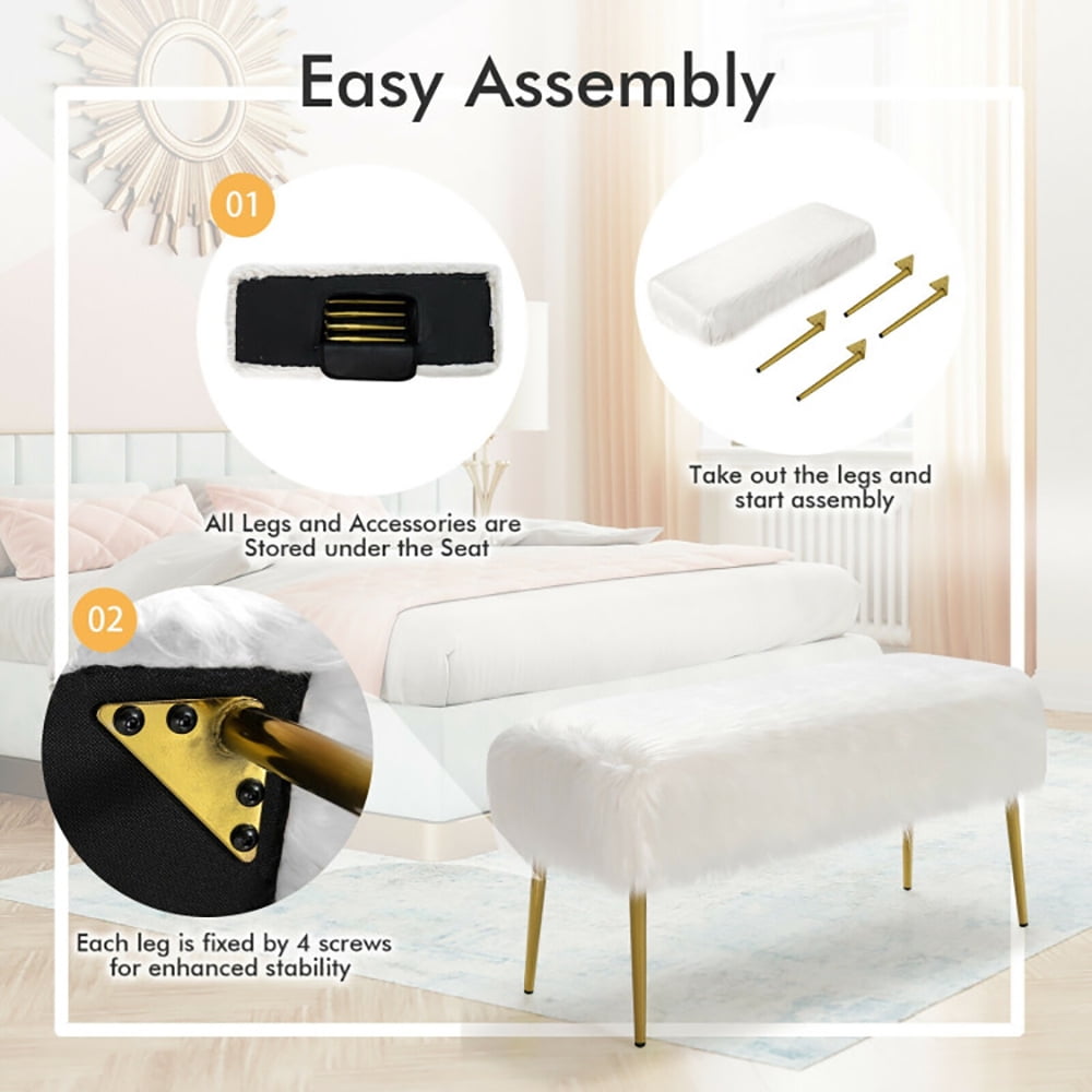 Finihen Upholstered Faux Fur Vanity Stool Chair, Footstool Ottoman, Vanity Stool with Golden Metal Legs, Decorative Furniture Footrest, for Makeup Room, Living Room, Bedroom, White