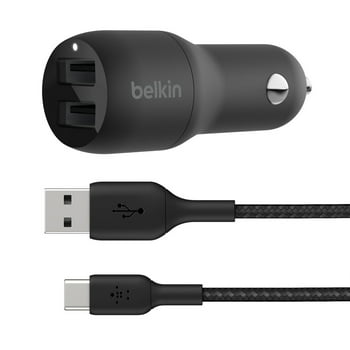 Belkin 24 Watt Dual USB Car Charger - 2 12W USB A Ports with USB-C Cable for Fast Charging Apple iPhone 14, 14 Pro, 14 Pro Max, iPhone 13, Samsung Galaxy, AirPods & More - USB-C Charger, Black