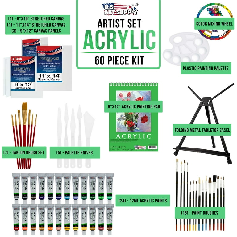 U.S. Art Supply 39-Piece Complete Artist Painting Set with Easel - 12 Vivid  Acrylic Paint Colors, 22 Brushes, 2 Stretched Canvas, Painting Palette -  Kids, Students, Adults Kit - Color Mixing Wheel 