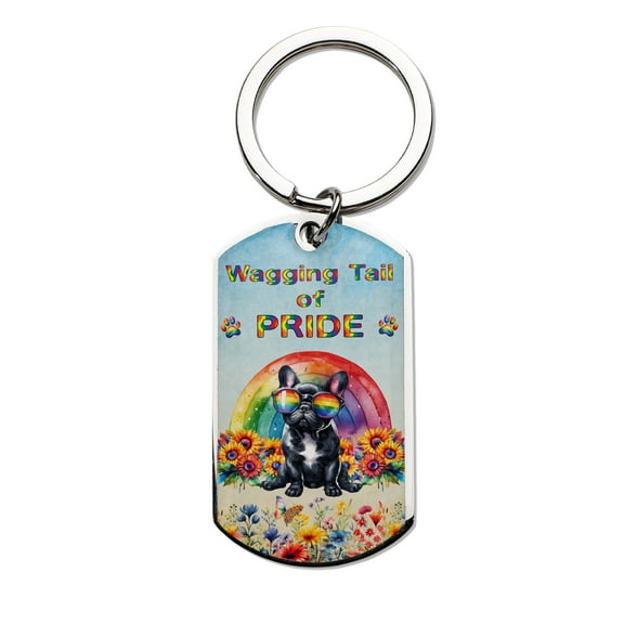 Wagging Tail French Bulldog Celebrates Rainbow Pride Month LGBT LGBTQ Stainless Steel Keychain Dog Lover Gifts Collar Charm Tag Keyring - 01003