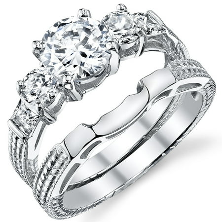 Sterling Silver .925 Women's Engagement Wedding Ring Set W/ Cubic Zirconia