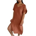 thumbnail image 1 of Liquidation d'Été 2025! Robe Grande Taille pour Femmes, Liquidation d'Été pour Femmes, Mode Robe d'Été Décontractée à Col en V Manches Courtes Unie pour la Plage, 1 of 5