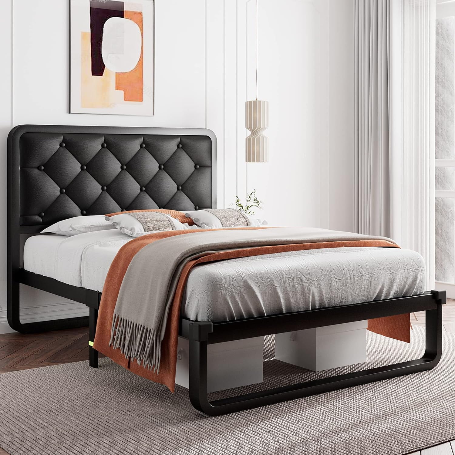 iPormis Twin Size Metal Bed Frame with Black Faux Leather Upholstered Headboard, 12'' Underbed Space,  Black