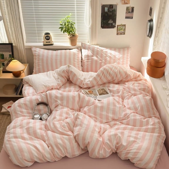 3 Pieces Pink Striped Duvet Cover Set Pink White Stripes Pattern Printed Bedding Set Comfy Breathable Queen Duvet Cover Farmhouse Striped Comforter Cover with Zipper Closure