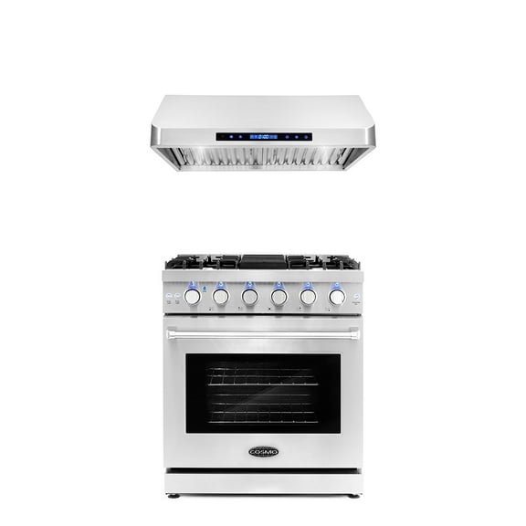 Cosmo 2 Piece Kitchen Appliance Package with 30" Freestanding Gas Range Kitchen Stove & 30" Under Cabinet Range Hood Kitchen Hood Kitchen Appliance Bundles