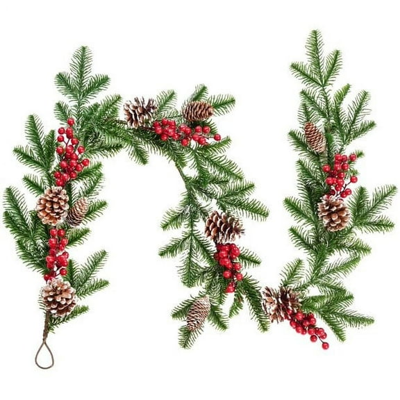 Dearhouse 5.1ft Artificial Christmas Pine Garland with Red Berry Branch Pine Cone Winter Greenery Garland for Holiday Season Mantel Fireplace Table Runner Centerpiece Décor