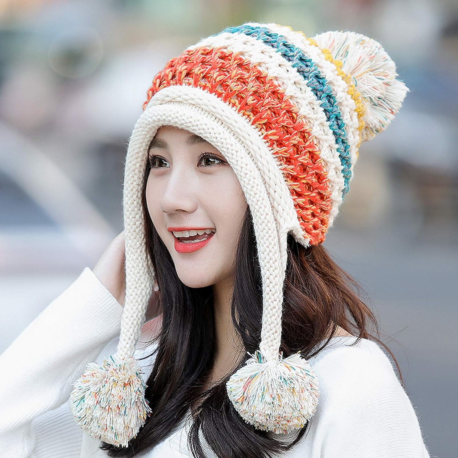 YooGuoGuo Women Fleece Lined Beanie Cap Contrast Color Warm Knitted Ski Hat w/Earflap Pom