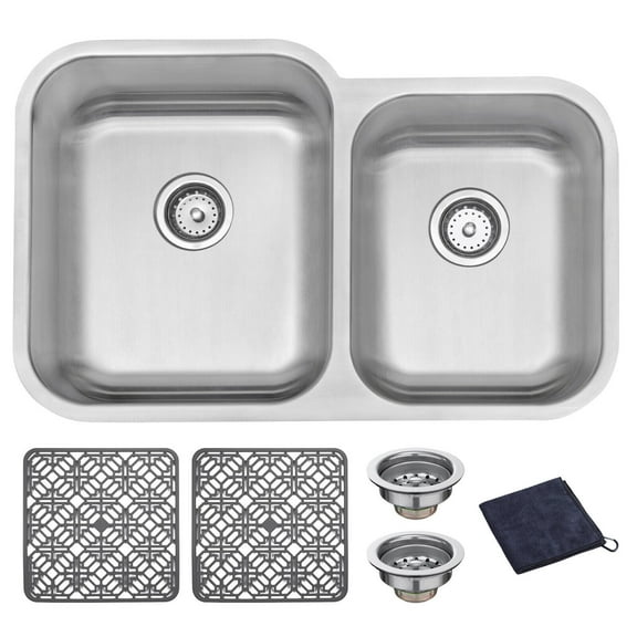 DIRECTUNIT 32 Inch Undermount Kitchen Sink 18 Gauge Stainless Steel Double Bowl