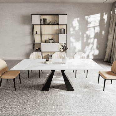 Modern Extendable Dining Table - Expands Up to 79" - Antique White Sintered Stone Top with Black Carbon Steel Base - Rectangular Table for 6-8 People