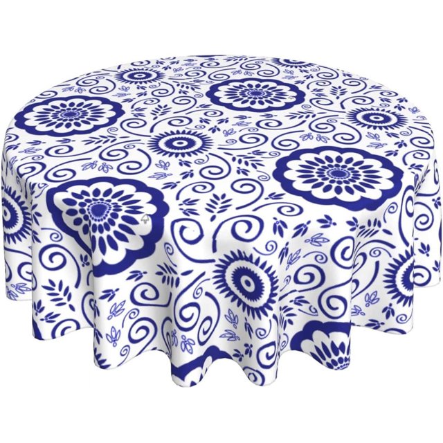 Blue and White Porcelain Floral Tablecloth Round 60 Inch Spring Summer Leaf Boho Tablecloths Porcerlain Flower Table Clothes Reusable Circle Table Cover for Dining Room Picnic Party Home Decor