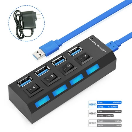 4 Ports Powered USB 3.0 HUB Splitter Box 5Gbps Super Speed Compact External AC Power (Best 3 Speed Hub)