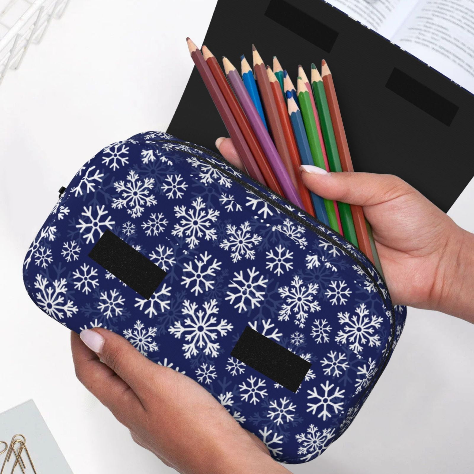 Rateoe Snowflakes On Dark Blue Pattern Double Clamshell Pen Case, Storage Organizer with Two Zipper Compartments– Holds Up to 50 Pencils & Pens