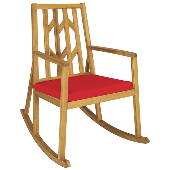 Gymax Outdoor Acacia Wood Rocking Chair Wooden Patio Rocker w/ Red Cushion