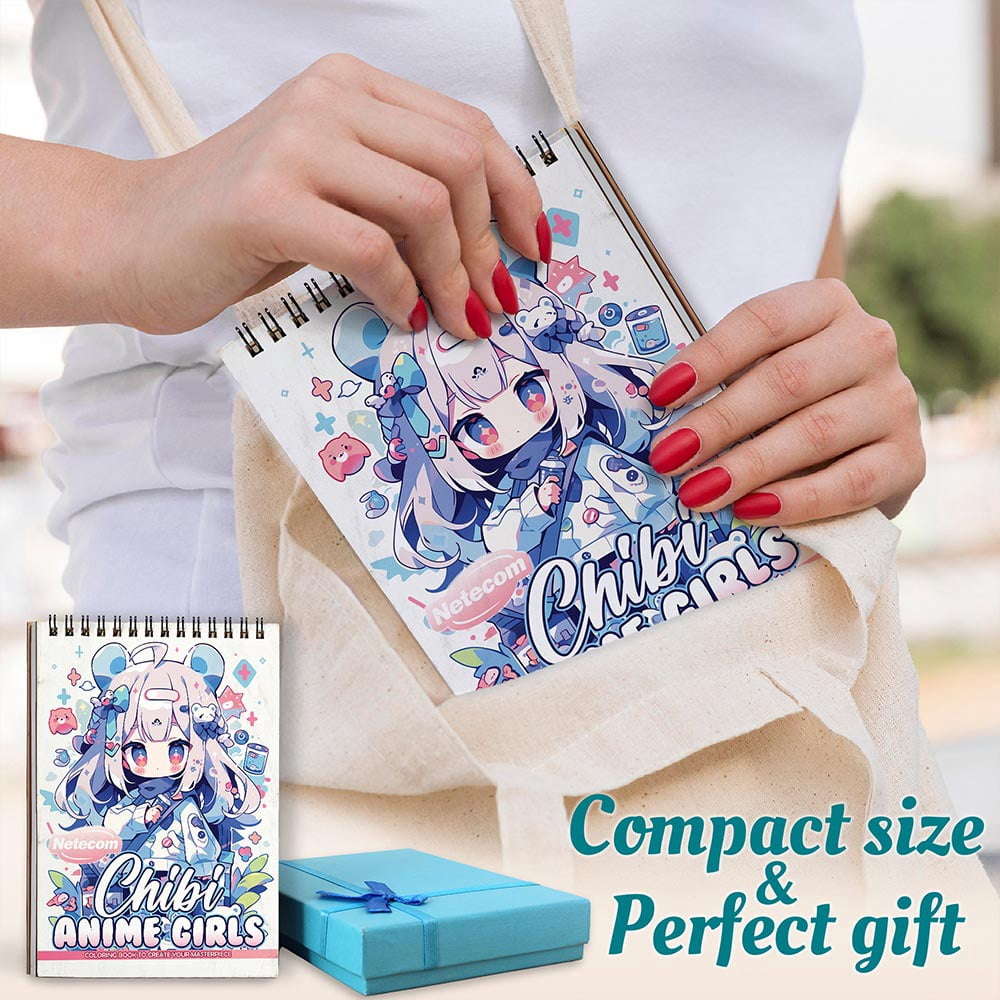 Netecom Chibi Anime Girls Coloring Book Spiral Bound for Adults and Anime Fans, A5 Wooden Cover, 30 Adorable Anime Characters Coloring Pages of Chibi Adventures for Stress Relief and Relaxation