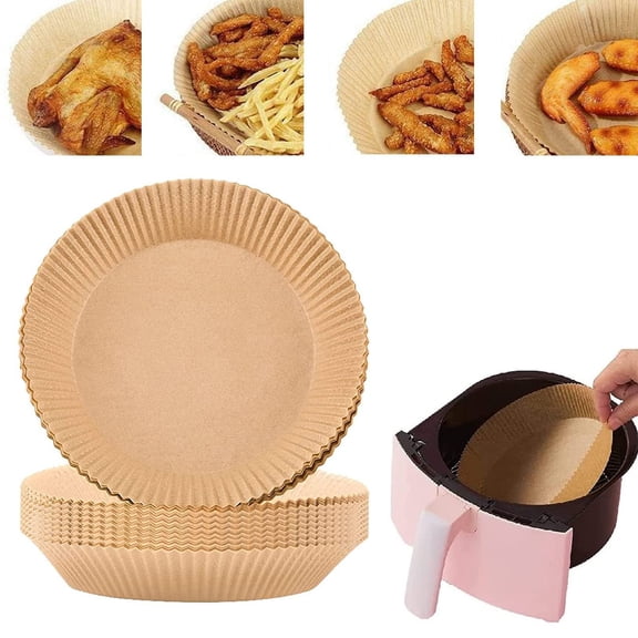 50-Pack Unbleached Disposable Air Fryer Paper Liners Boxed - 9" Base Size Non-Stick Coating Heat-Resistant Surface Food-Grade Material Prevents Oil Spatters No Grease Residue Easy