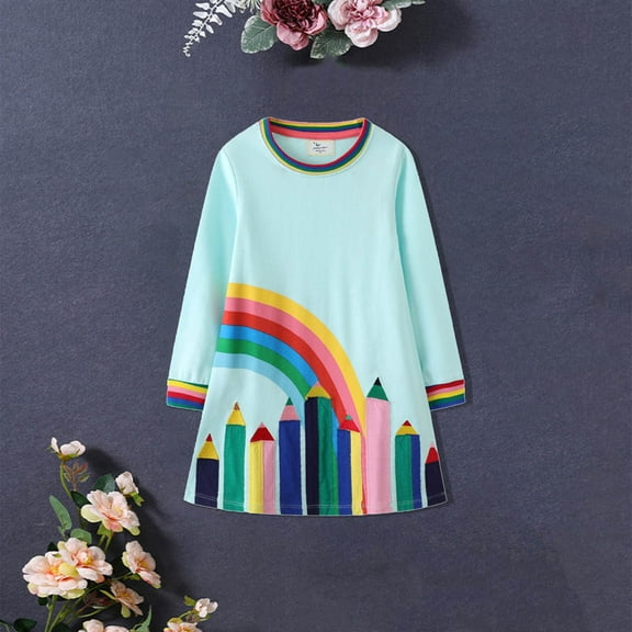 Luxalzxs Toddler Girl Cotton Long Sleeve Dress Rainbow Casual Cartoon Tunic Playwear Basic Shirt Party Dresses 2-8 Years