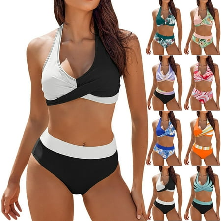 SKSloeg Womens Bikini Swimsuits Tummy Control Crop Top High Waisted Color Block Cheeky Wrap Front Bikini Set Two Piece Swimsuits Saffron XXL
