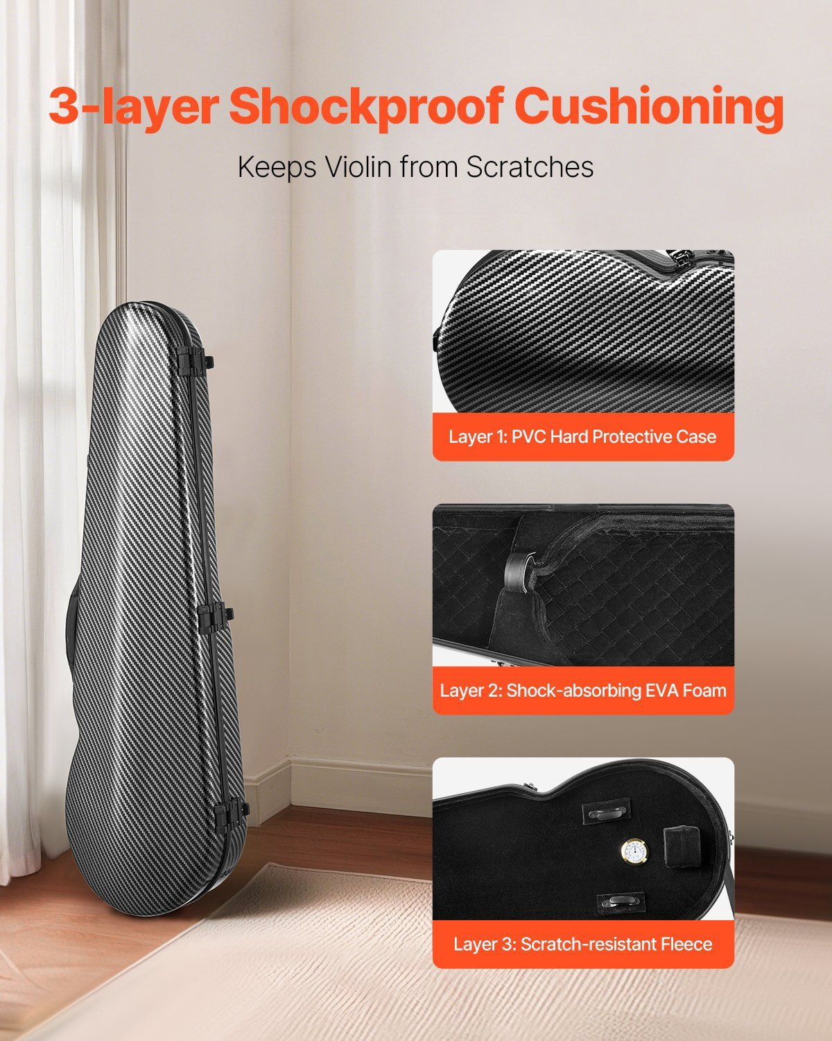 Portable Composite Carbon Fiber 4/4 Full Size Violin Case Black Carrying Bag