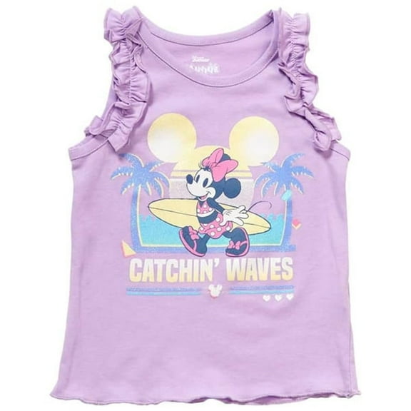 Disney Minnie Mouse Girls Toddler Tank Top Catchin Waves Beach Graphic with Surfboard, Ruffle Trim & Soft Cotton Blend