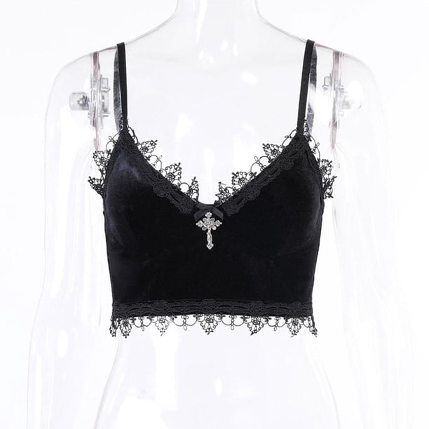 Tops cortos para mujer, chaleco para mujer, camisola, corsé, moda, encaje, niñas, camiseta sin , Top de tubo, gótico, , correas espaguetis Negro