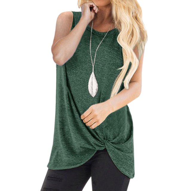 Women Round Neck Sleeveless Knot Front Solid Color Tank Top