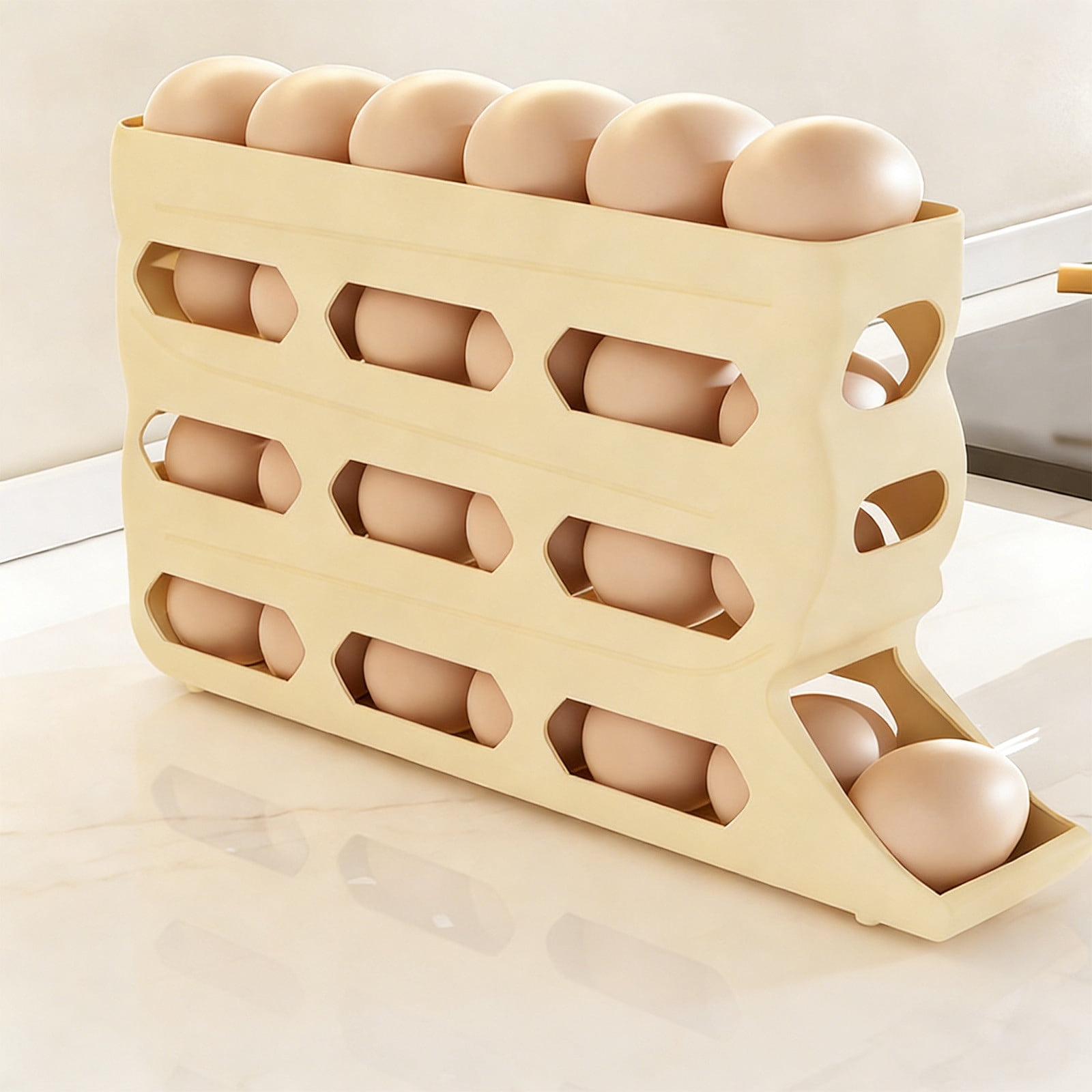 Votnto 30-Count Automatic Rolling Egg Dispenser, 4-Tier Refrigerator Egg Holder Organizer (White/Khaki/Gray)