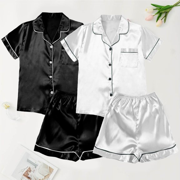 4 Piece Pajama Set for Women Solid Ice Silk Short Sleeve Shirt Shorts Summer Cool Loungewear Womens Pajama Sets BK1 L