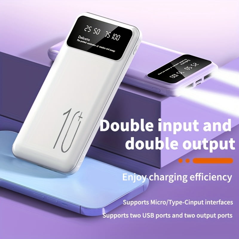 Large capacity 10000mAh/20000mAh power bank, support Micro/Type-C interface, dual input and dual output digital display power bank, dual LED lamp portable mobile power supply, safe and stable polymer