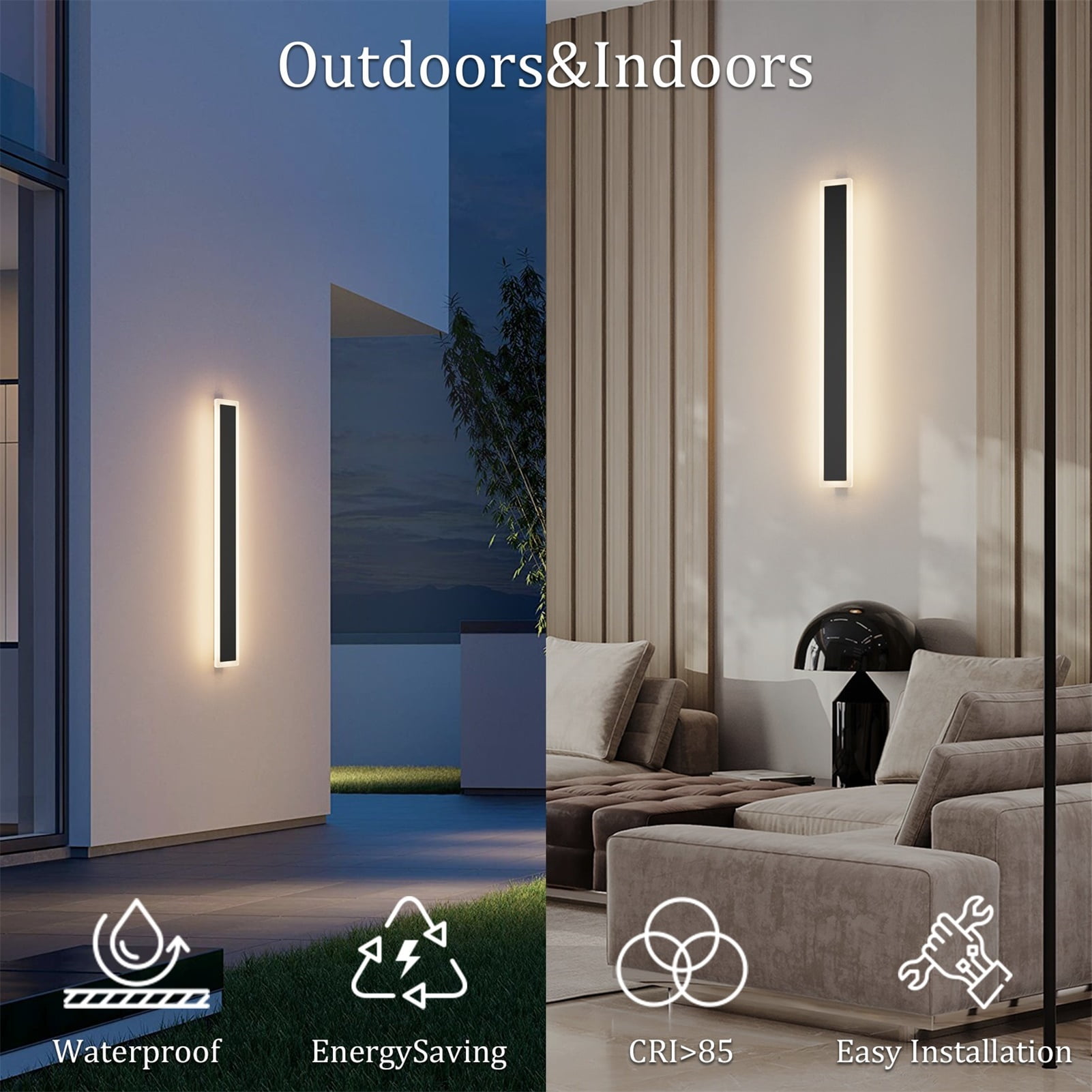 Ralbay 2 Pack 47.2In Long Outdoor LED Wall Light 3000K IP65 Waterproof  Black 35W Modern LED Exterior Wall Sconce Anti Rust Linear Outdoor Lights -  Walmart.com, image size:1601x1601