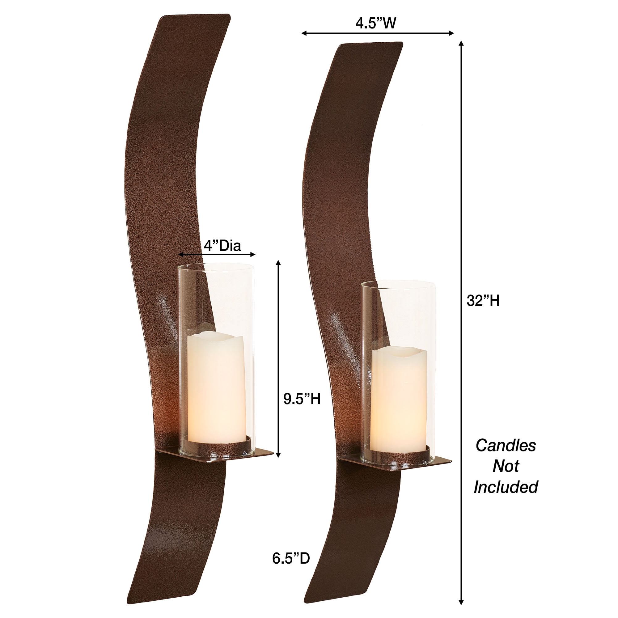 Sinuous Wall Sconce Pair Antique Copper - Handcrafted Steel - Glass Hurricane - Set of 2 - Metal Sconces Holder for Bedroom, Bathroom, Living Room, Kitchen Walls Large 32 Inches High