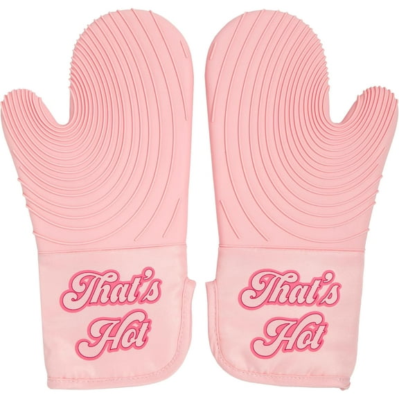 Oven Mitt Set with Iconic That's HOT Design, Heat Resistant Pot Holders Featuring Non-Slip Textured Silicone Grips, 2-Piece Set, Pink